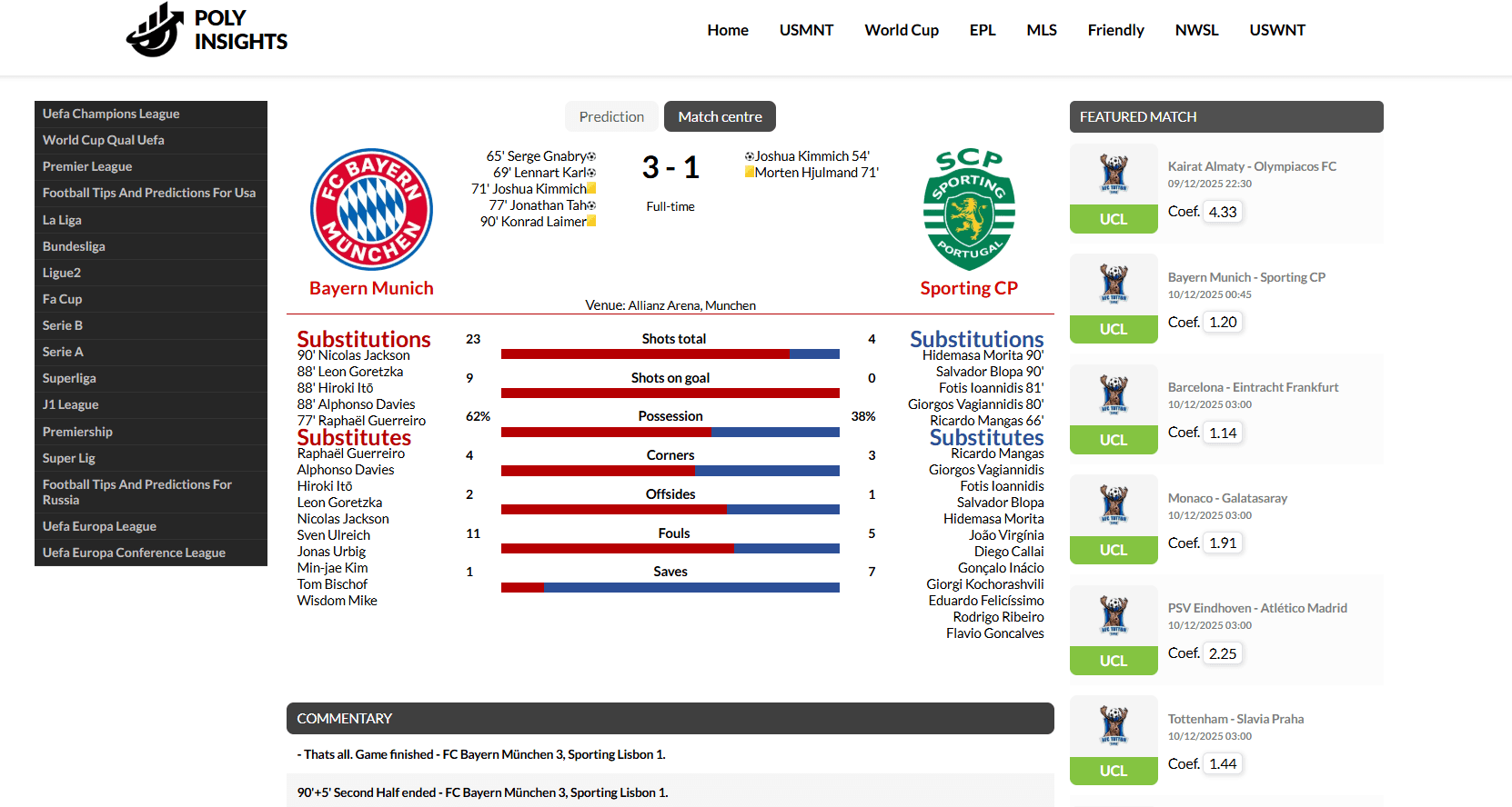 Live match center with real-time AI football data and in-play prediction analysis